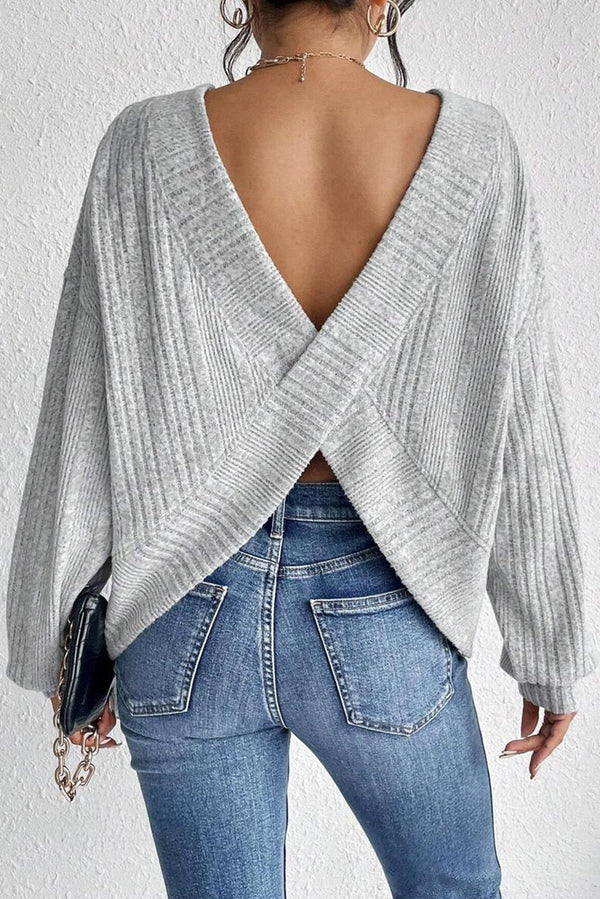 Light Grey Textured Crossover Backless Knit Long Sleeve Top - Haven of Happiness