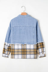 Khaki Plaid Patchwork Buttoned Oversized Denim Jacket - Haven of Happiness