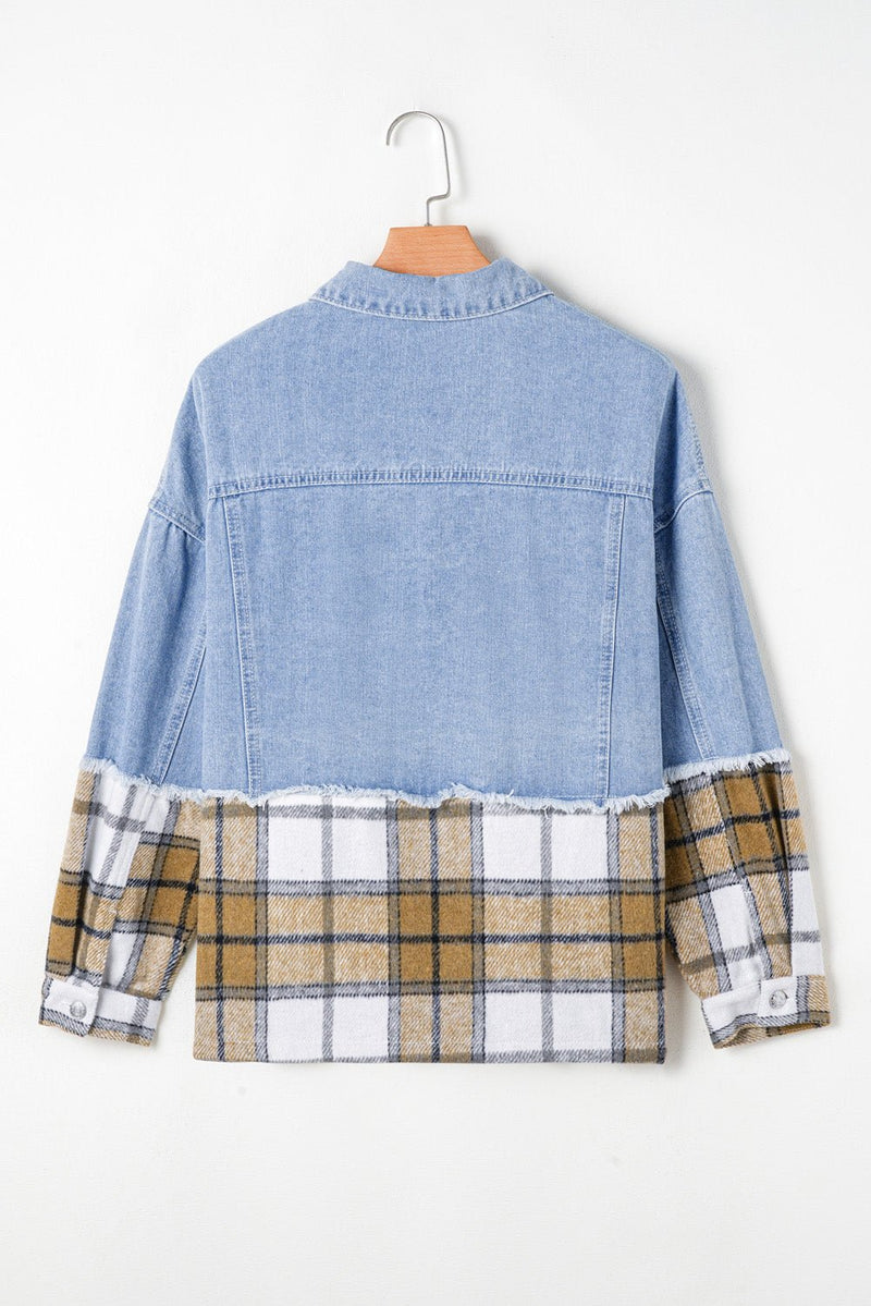 Khaki Plaid Patchwork Buttoned Oversized Denim Jacket - Haven of Happiness