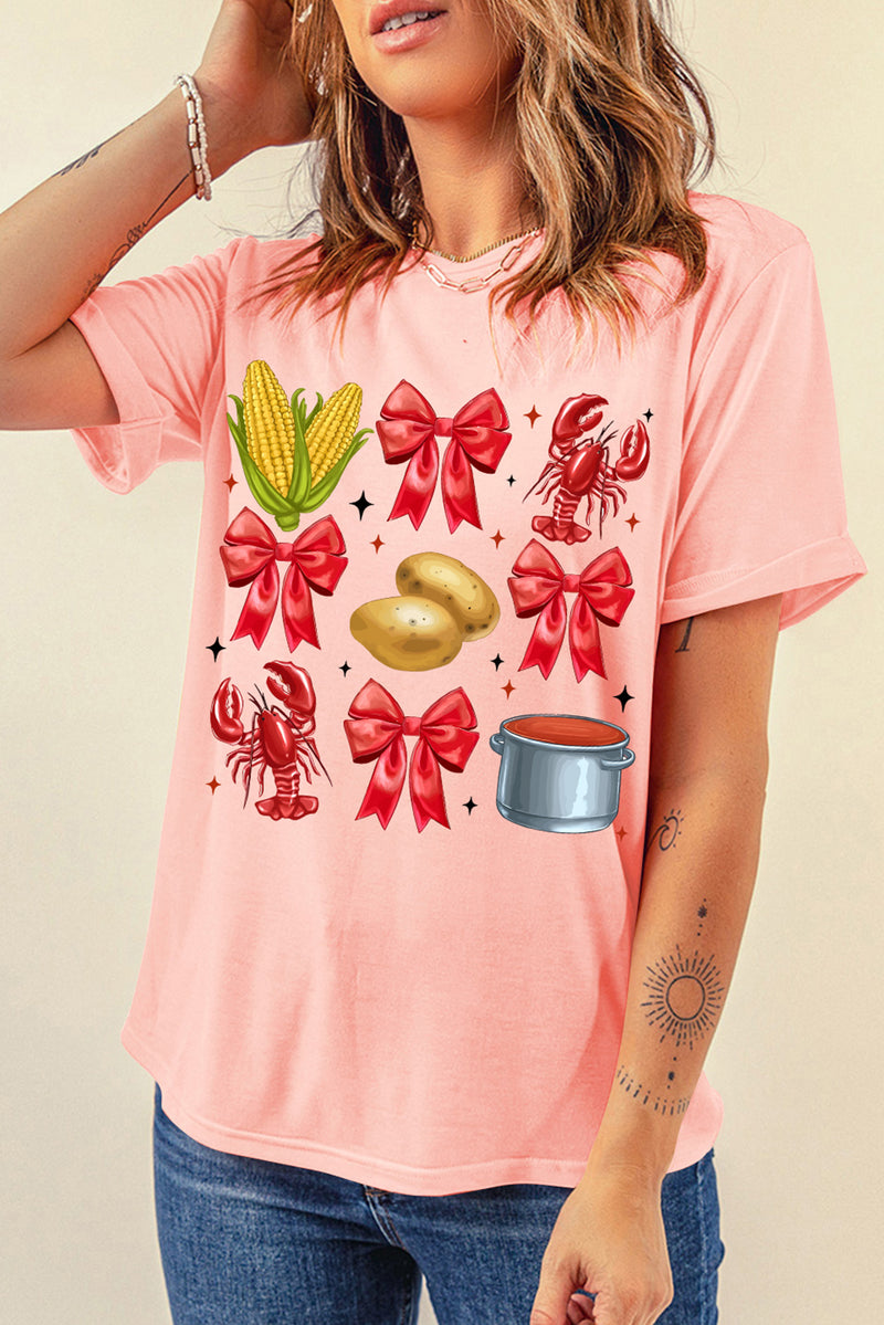 Pink Summer Food Bow Crawfish Printed T Shirt