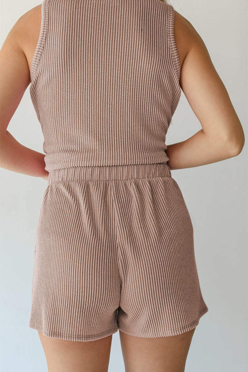 Smoke Gray Corded Sleeveless Top and Pocketed Shorts Set - Haven of Happiness