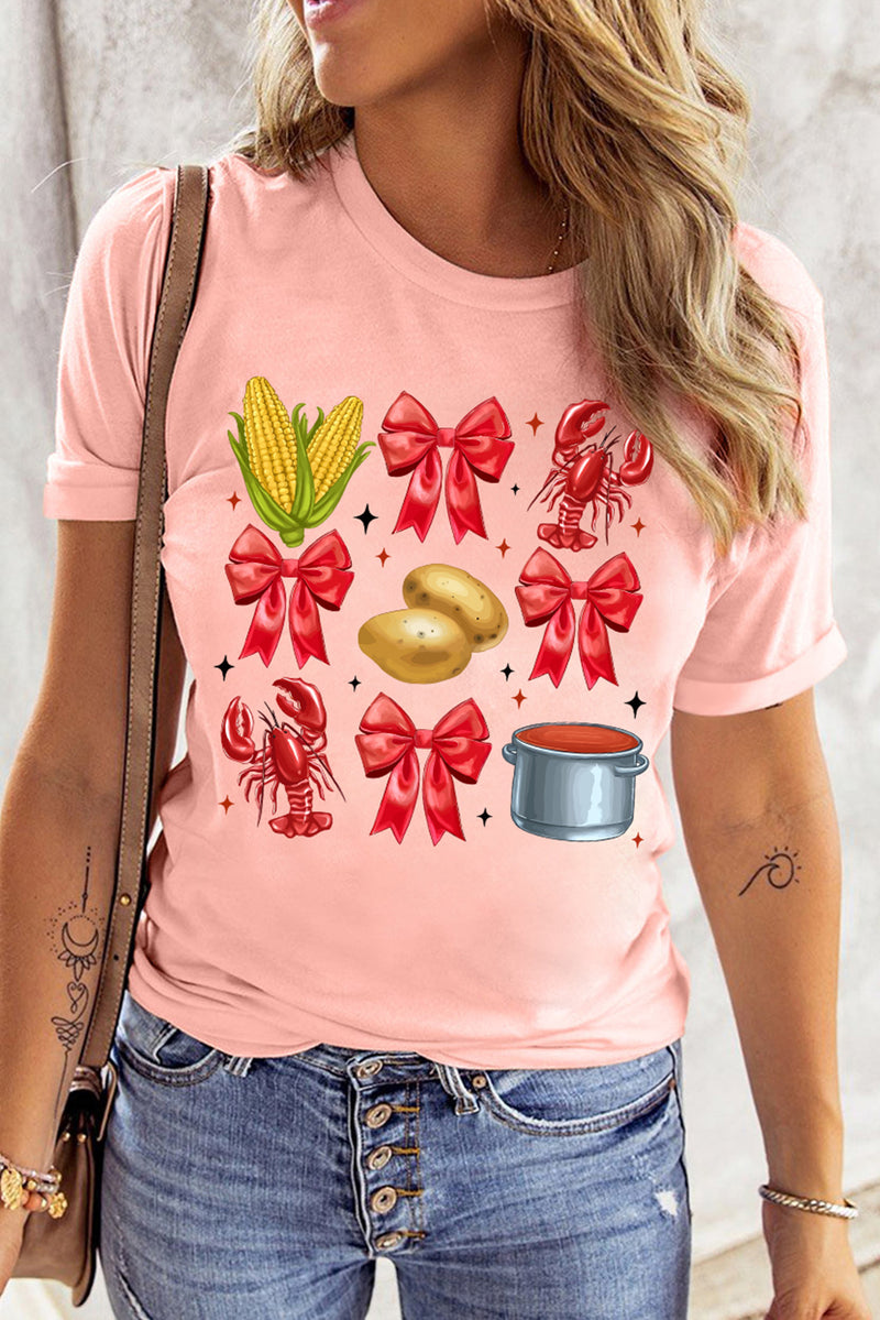 Pink Summer Food Bow Crawfish Printed T Shirt