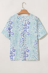 Sky Blue Mixed Leopard Print V Neck Short Sleeve Blouse