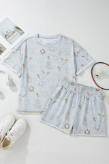 Gray Western Fashion Printed T Shirt Elastic Waist Shorts Set - Haven of Happiness