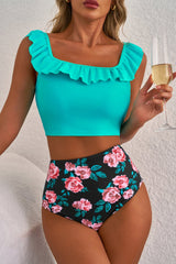 Sea Green Solid Ruffled Square Neck Swim Top and Floral Shorts Bikini Set - Haven of Happiness