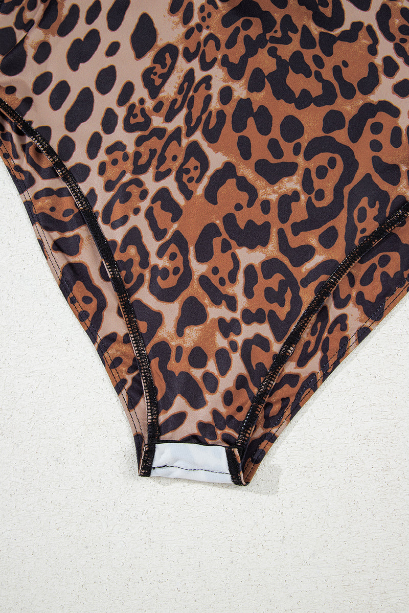 Brown Spaghetti Straps Ruched Leopard Bodysuit