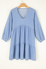 Beau Blue Puff Sleeve V Neck Tiered Ruffled Chambray Mini Dress - Haven of Happiness