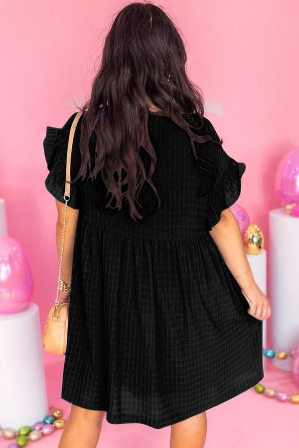 Black Textured Ruffled Sleeve Babydoll Plus Dress - Haven of Happiness