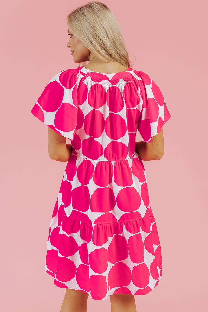 Rose Polka Dot Flutter Sleeve Notched Neck Tiered Flowy Dress