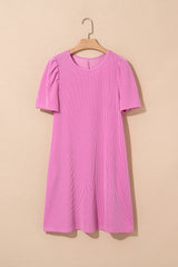 Bright Pink Corded Knit Crew Neck Puff Sleeve Shift Mini Dress