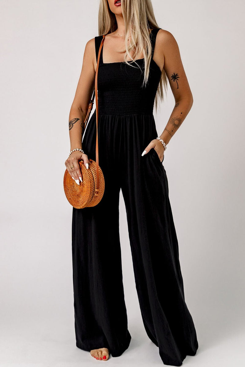 Black Smocked Sleeveless Wide Leg Jumpsuit with Pockets - Haven of Happiness