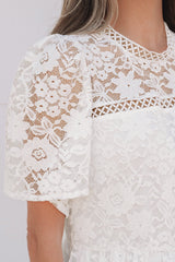 White Short Sleeve Scalloped Floral Lace Peplum Blouse - Haven of Happiness