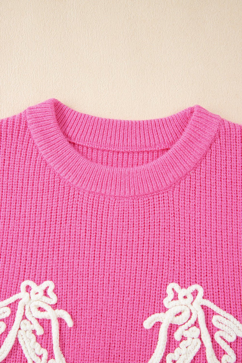 Bright Pink Western Horse Embroidered Round Neck Sweater Tee - Haven of Happiness