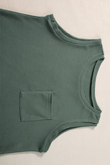 Mist Green Waffle Knit Patched Pocket Tank and Drawstring Shorts Set - Haven of Happiness