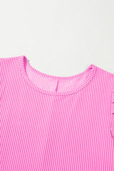 Bright Pink Corded Knit Crew Neck Puff Sleeve Shift Mini Dress