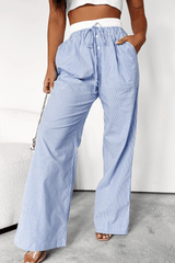 Sky Blue Stripe Wide Leg Buttoned Lace up Elastic High Waist Pants - Haven of Happiness