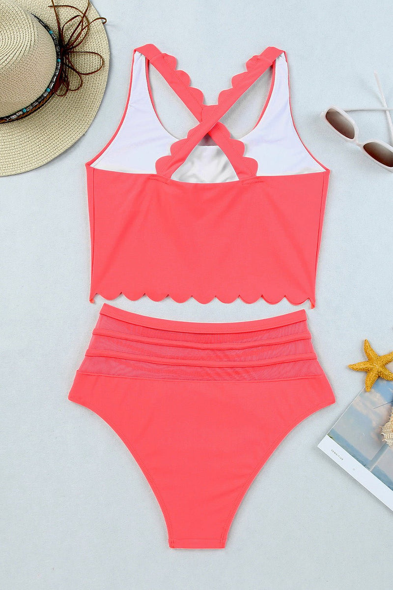 Pink Scalloped Criss Cross High Waist Bikini - Haven of Happiness