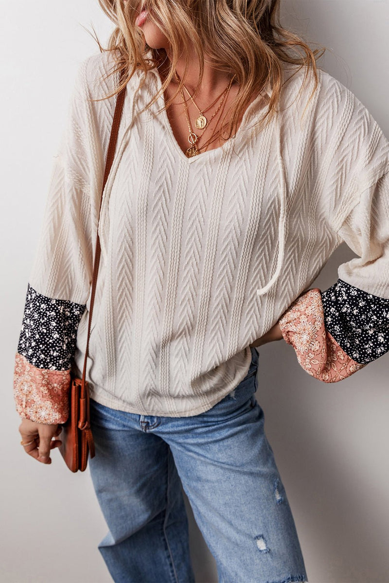 Beige Floral Patchwork Textured Knit Drawstring V Neck Blouse - Haven of Happiness