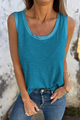 Peacock Blue Metallic Sheen Edge Scoop Neck Tank Top