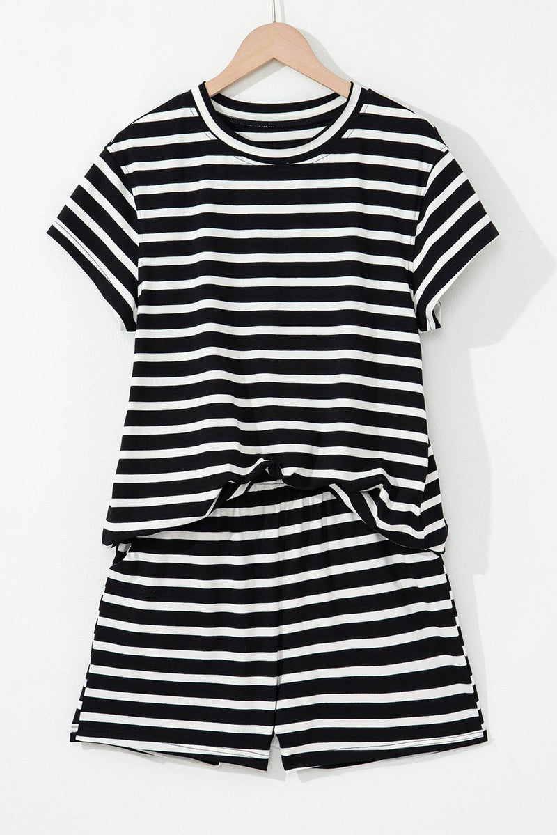 Black White Striped Short Sleeve Top and Shorts Set - Haven of Happiness