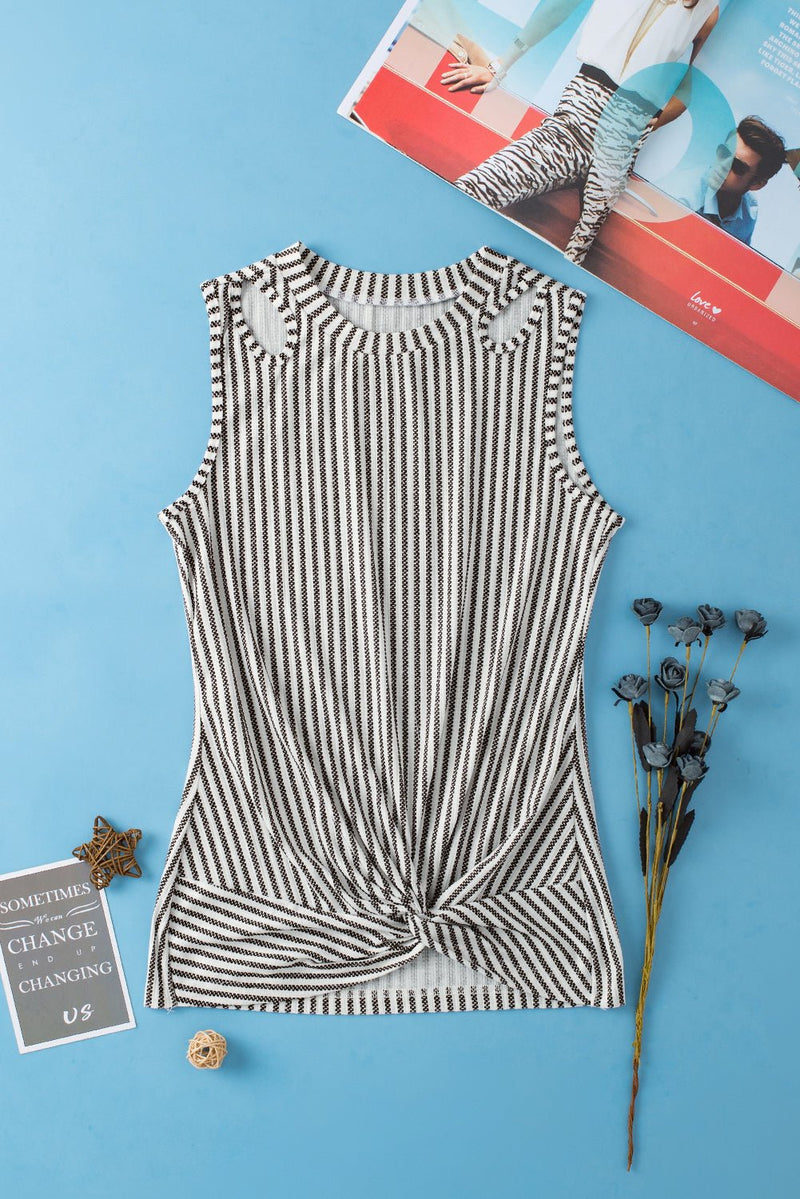 Gray Striped Cutout Twist Front Tank Top - Haven of Happiness