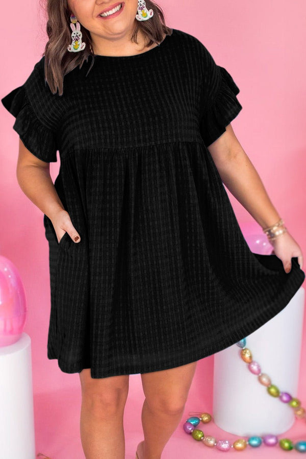 Black Textured Ruffled Sleeve Babydoll Plus Dress - Haven of Happiness