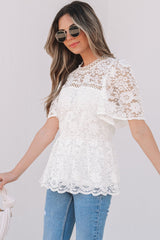 White Short Sleeve Scalloped Floral Lace Peplum Blouse - Haven of Happiness