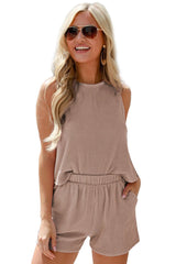 Smoke Gray Corded Sleeveless Top and Pocketed Shorts Set - Haven of Happiness