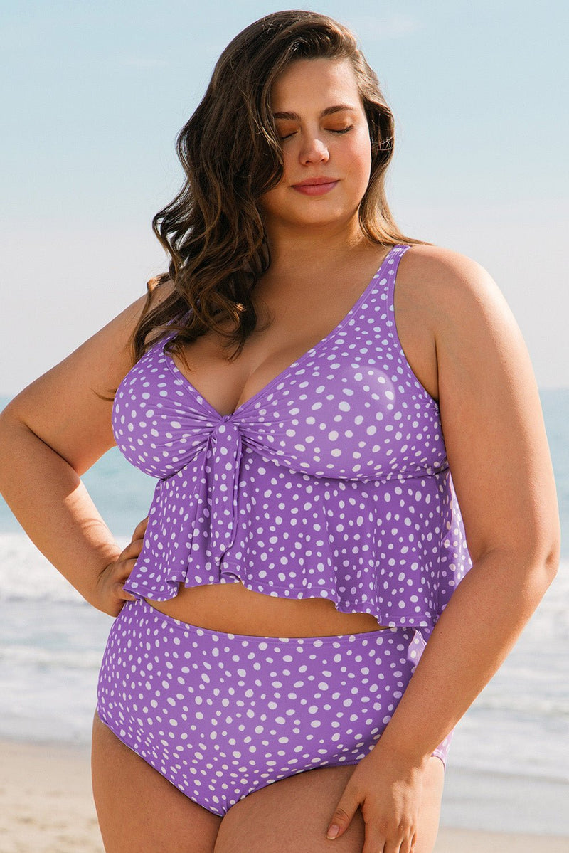 Purple Plus Size Polka Dot Print Ruffled Knotted V Neck Tankini Set - Haven of Happiness