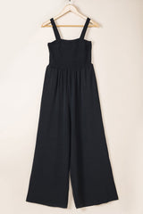 Black Smocked Sleeveless Wide Leg Jumpsuit with Pockets - Haven of Happiness