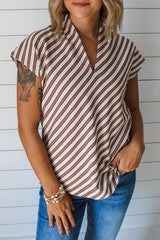 Chestnut Striped Stand V Neck Short Sleeve Blouse - Haven of Happiness