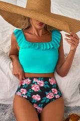 Sea Green Solid Ruffled Square Neck Swim Top and Floral Shorts Bikini Set - Haven of Happiness