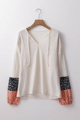 Beige Floral Patchwork Textured Knit Drawstring V Neck Blouse - Haven of Happiness