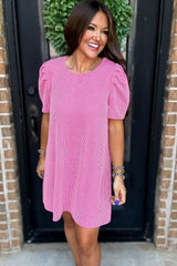 Bright Pink Corded Knit Crew Neck Puff Sleeve Shift Mini Dress