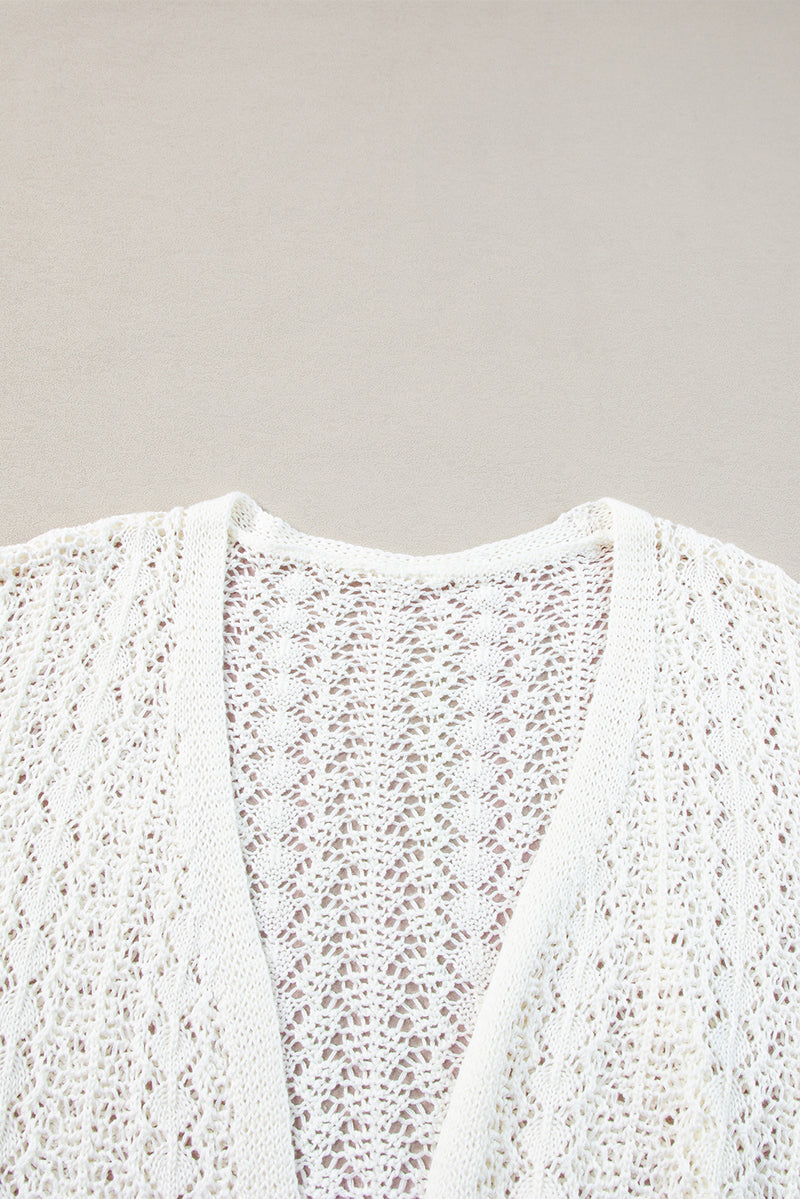 White Stylish Hollow Out Knit Drop Shoulder Cardigan