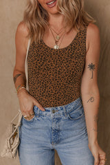 Brown Leopard Printed Sleeveless Scoop Neck Bodysuit - Haven of Happiness