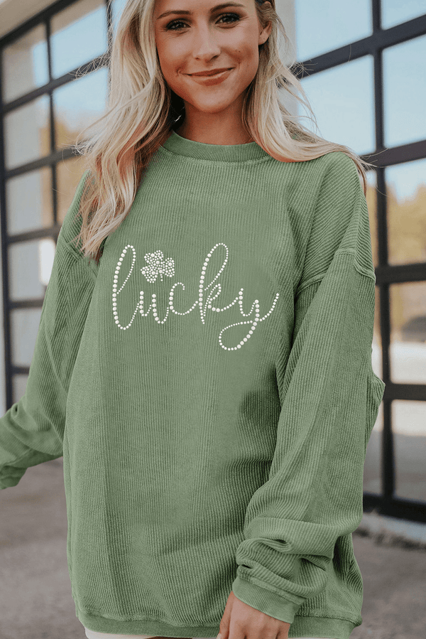 Grass Green Rhinestone lucky Clover Graphic Ribbed St Patrick Sweatshirt - Haven of Happiness