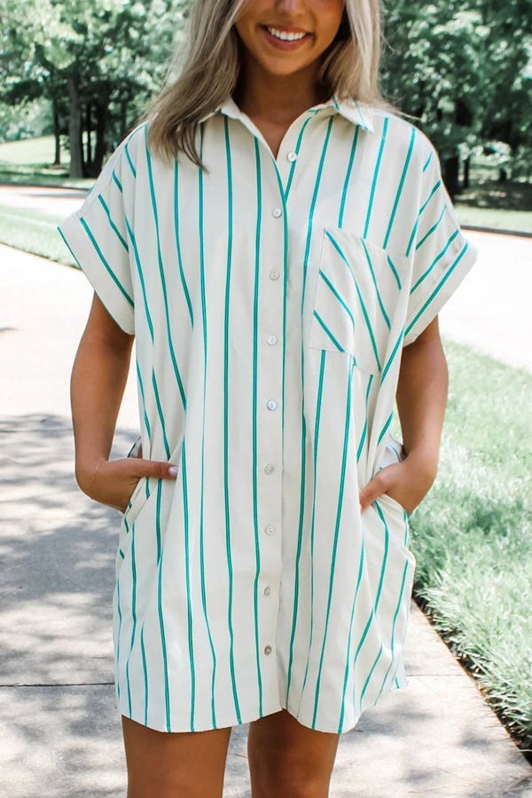 Mint Green St Patricks Striped Wide Short Sleeve Shift Mini Shirt Dress - Haven of Happiness