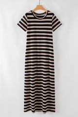 Black Stripe Casual Round Neck T-shirt Maxi Dress with Pockets