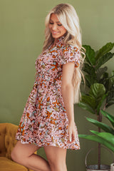 Pink Floral Print Puff Sleeve Shirred High Waist Mini Dress