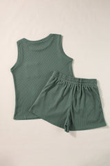 Mist Green Waffle Knit Patched Pocket Tank and Drawstring Shorts Set - Haven of Happiness