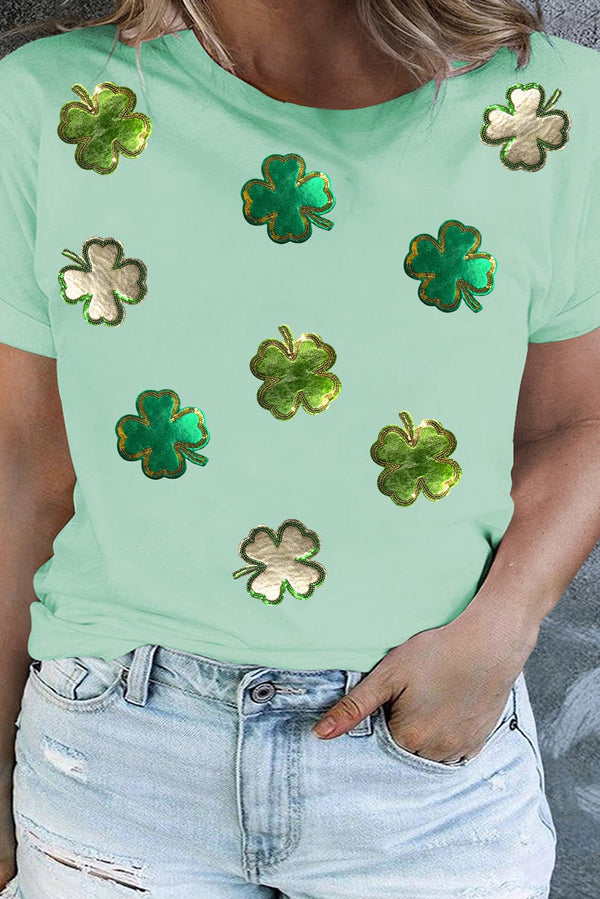 Iceland Blue Four Leaf Clover Patched Graphic St Patrick Plus Size Tee - Haven of Happiness