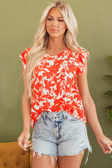 Orange Floral Ruffle Sleeve Print Top