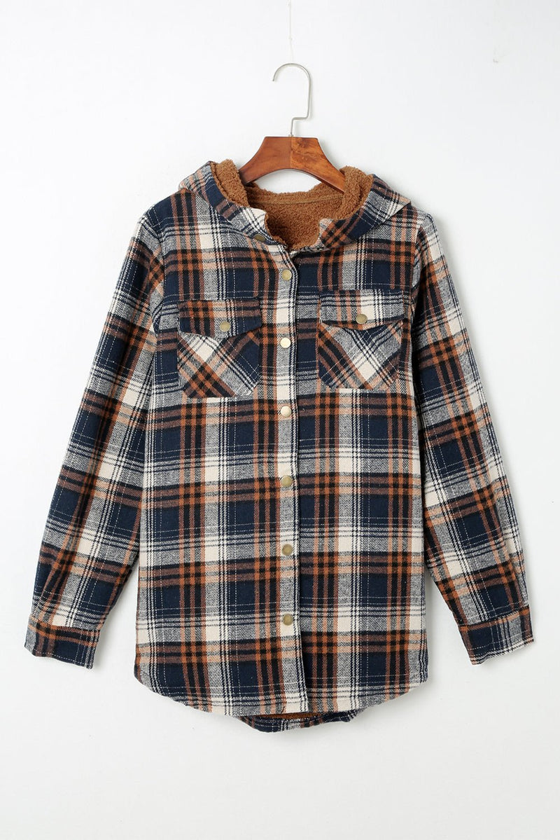 Plaid Pattern Sherpa Lined Hooded Shacket - Haven of Happiness