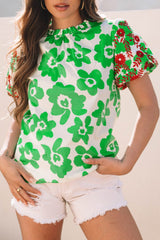 Green Contrast Embroidered Puff Short Sleeve Floral Blouse - Haven of Happiness