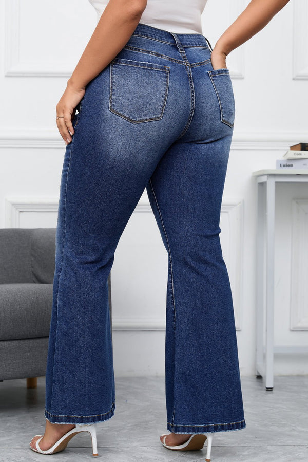 Dark Blue Plus Size Stitching Washed Flare Jeans - Haven of Happiness