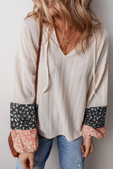 Beige Floral Patchwork Textured Knit Drawstring V Neck Blouse - Haven of Happiness