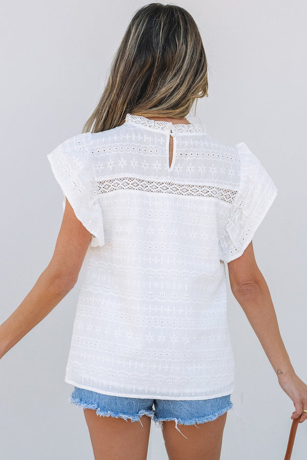 White Lace Neckline Flutter Sleeve Eyelets Blouse - Haven of Happiness