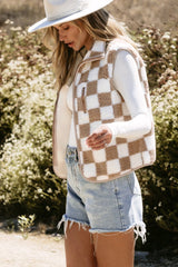 Khaki Checkered Sherpa Collared Jacket Vest - Haven of Happiness