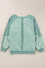 Mineral Blue Solid Waffle Knit Patchwork Raglan Sleeve Sweatshirt - Haven of Happiness